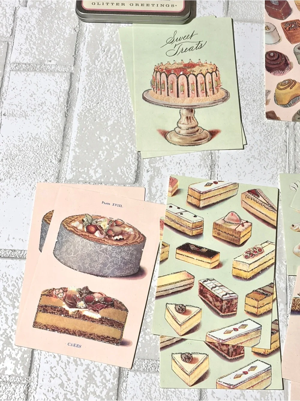 11 Cards & Tin Sweet Treats Glitter Greetings Post Card Set by Cavallini & Co